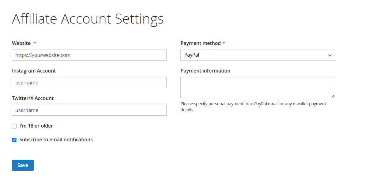 Affiliate Account Settings