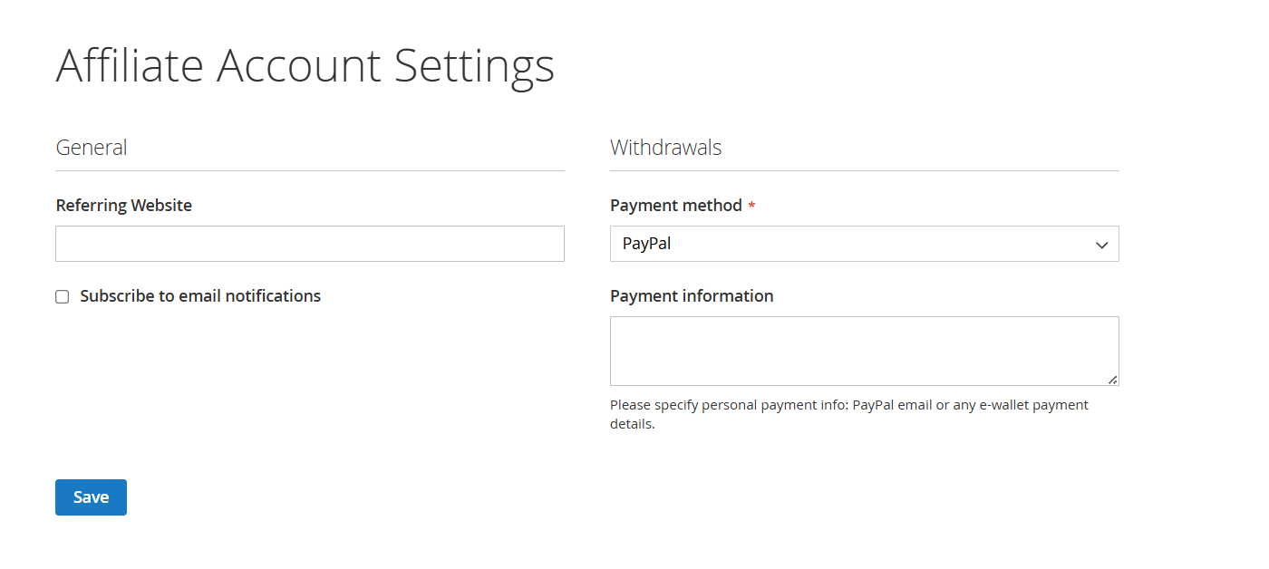 Affiliate Account Settings