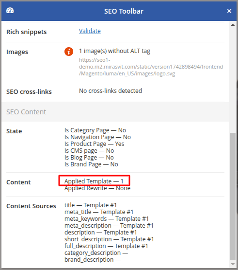 seo toolbar shows template