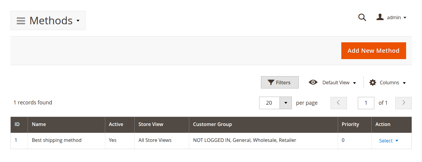 Shipping methods grid