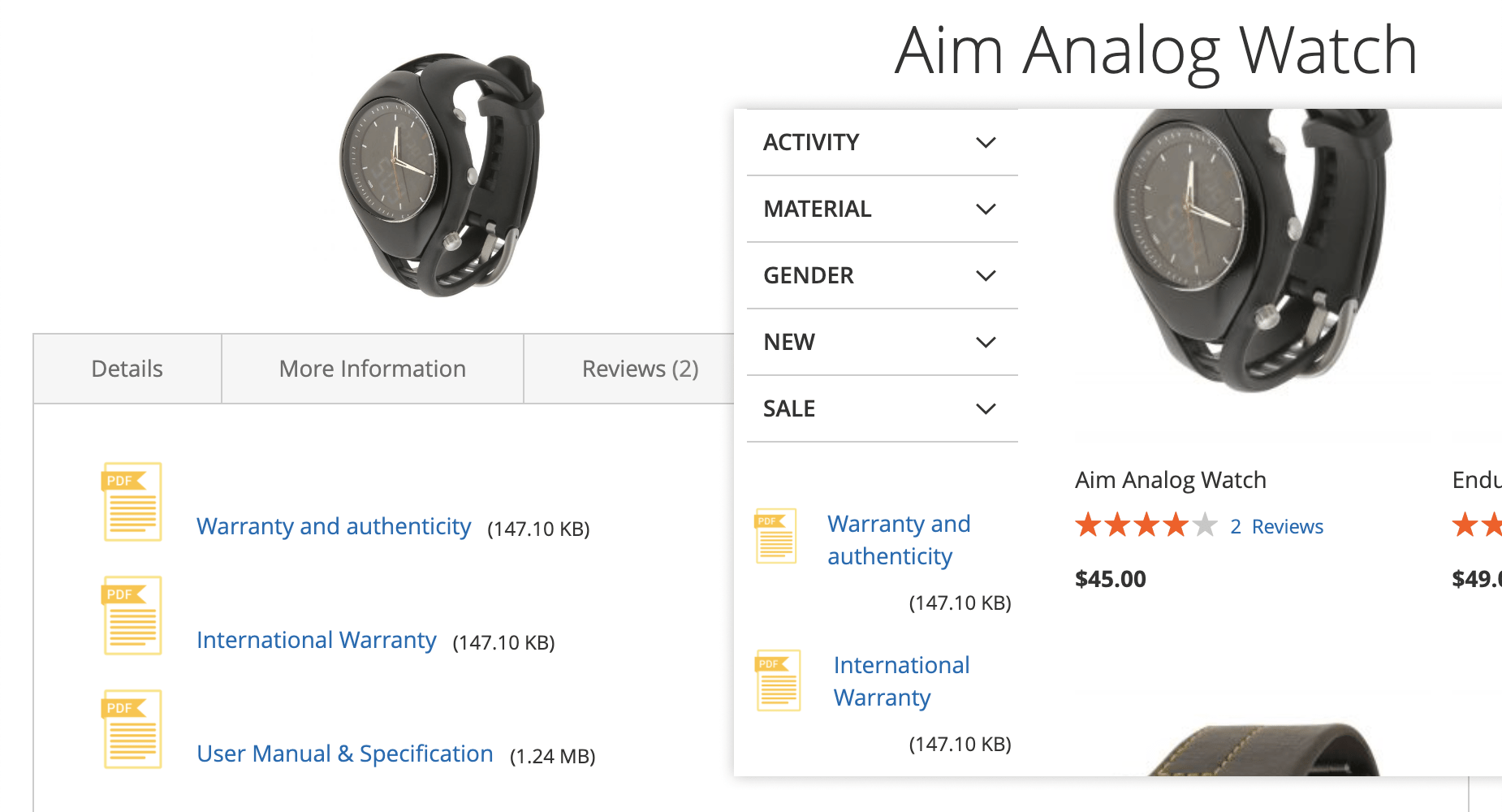 Product attachments on a product page, a category page and a CMS page in Mirasvit Magento 2 Product Attachment module