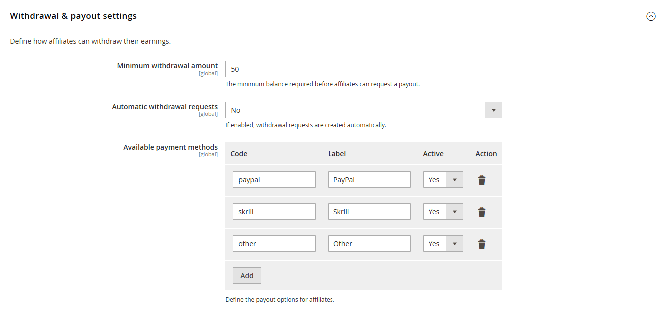 Withdrawal &amp; payout settings