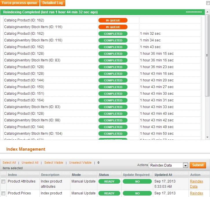 System / Index Management - Reindex Queue