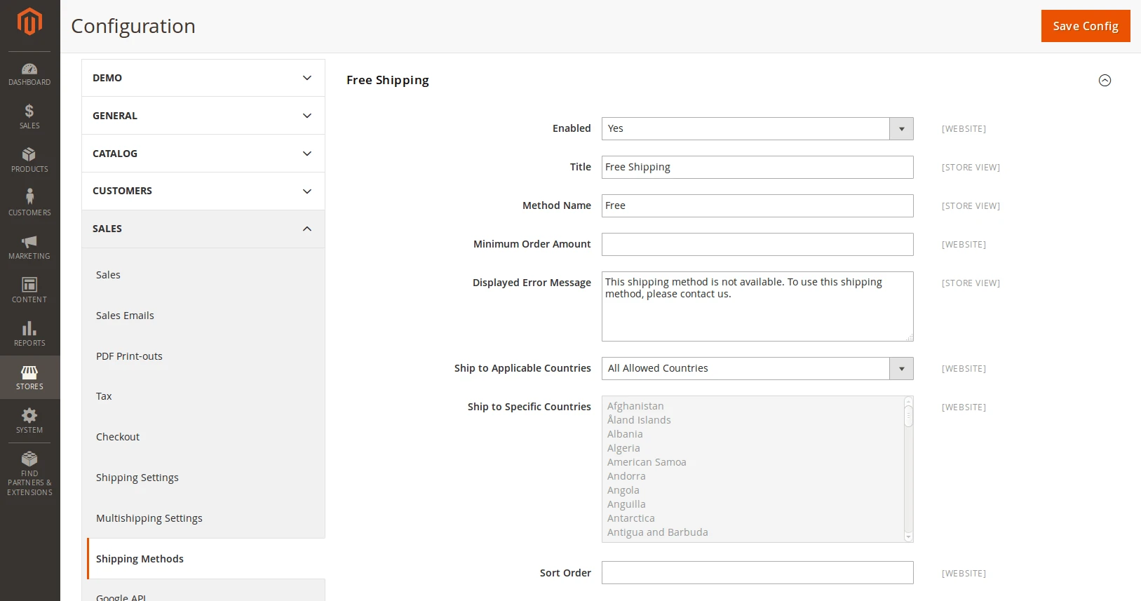Setting up free shipping method in Magento 2