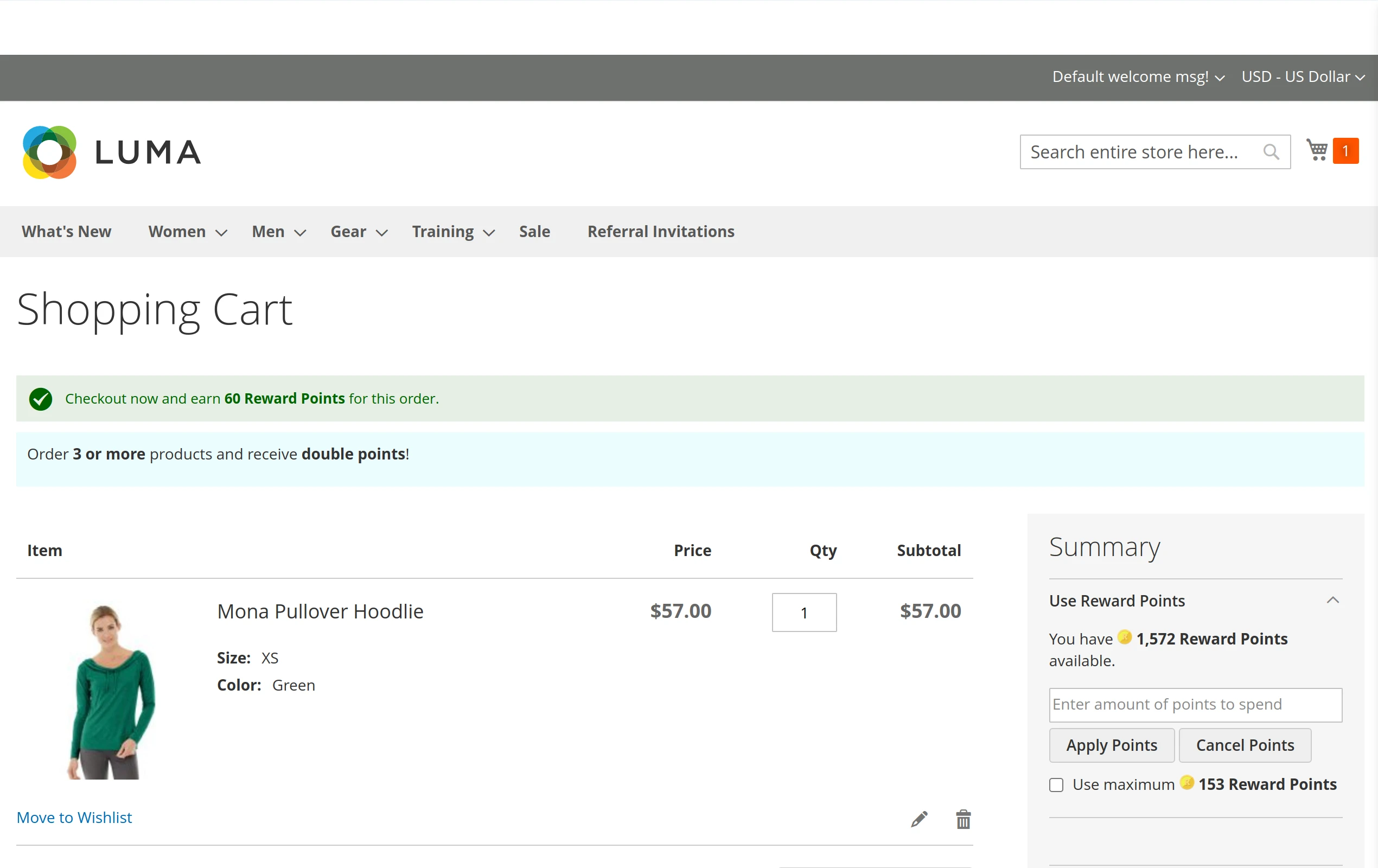 Mirasvit Magento Rewards Points system's notification on the cart page