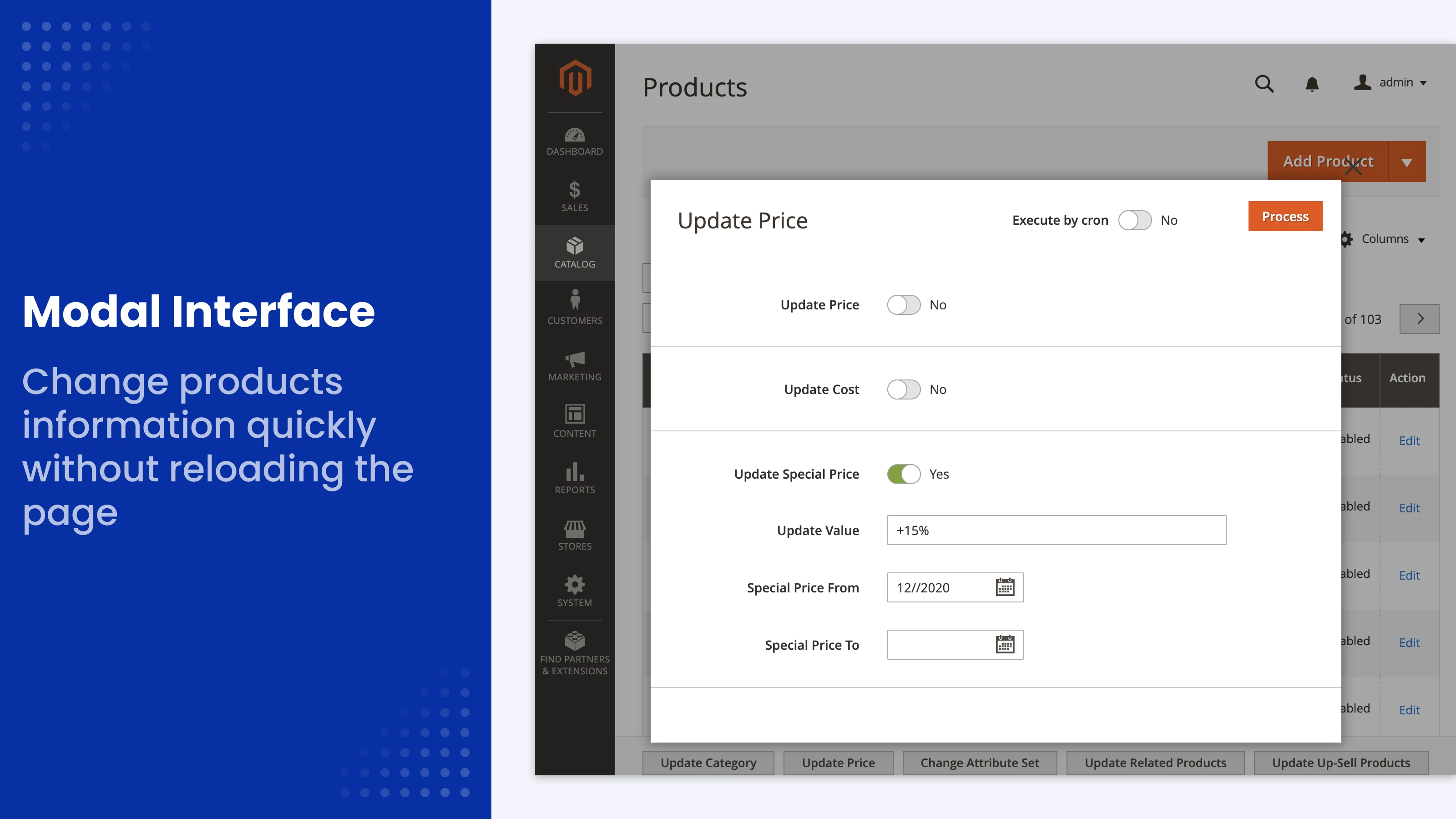 Modal interface example in Mirasvit Magento 2 Mass Product Update module