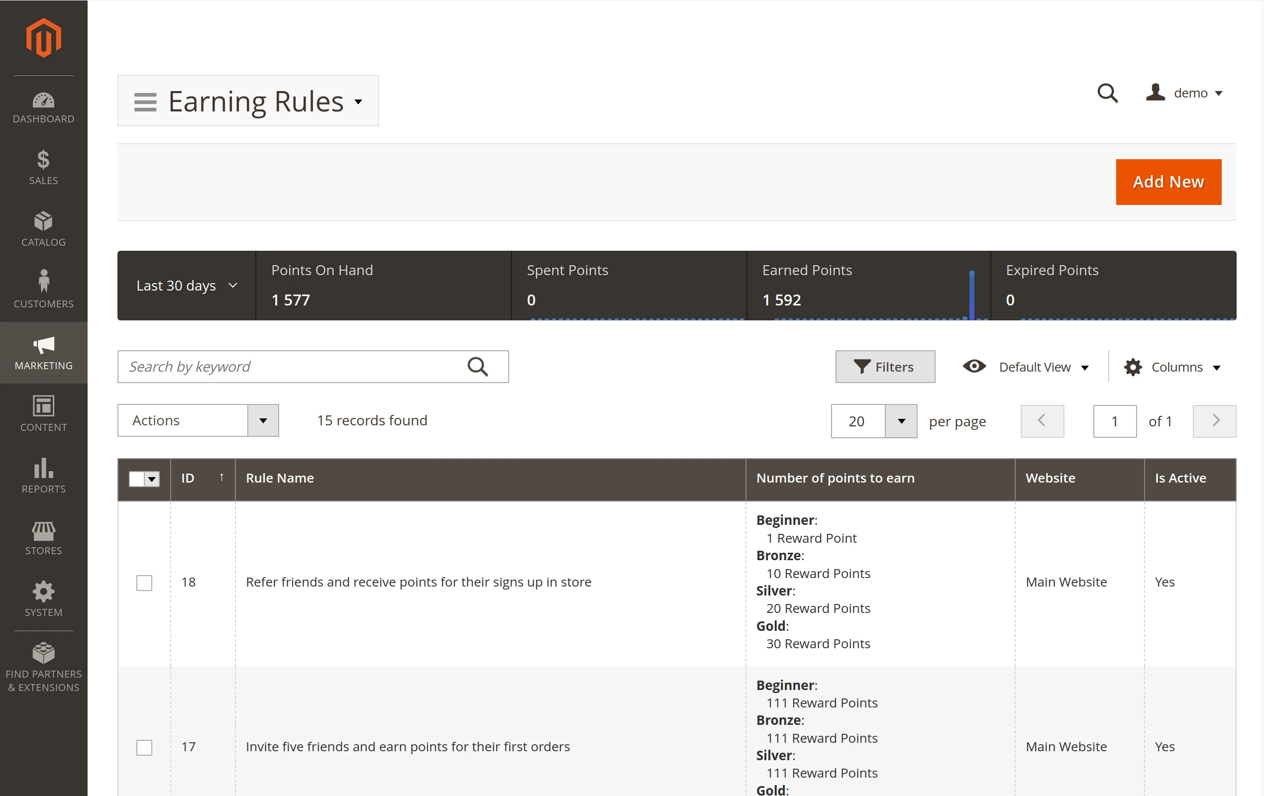 A list of earning rules in Mirasvit Magento 2 Loyalty Program extension