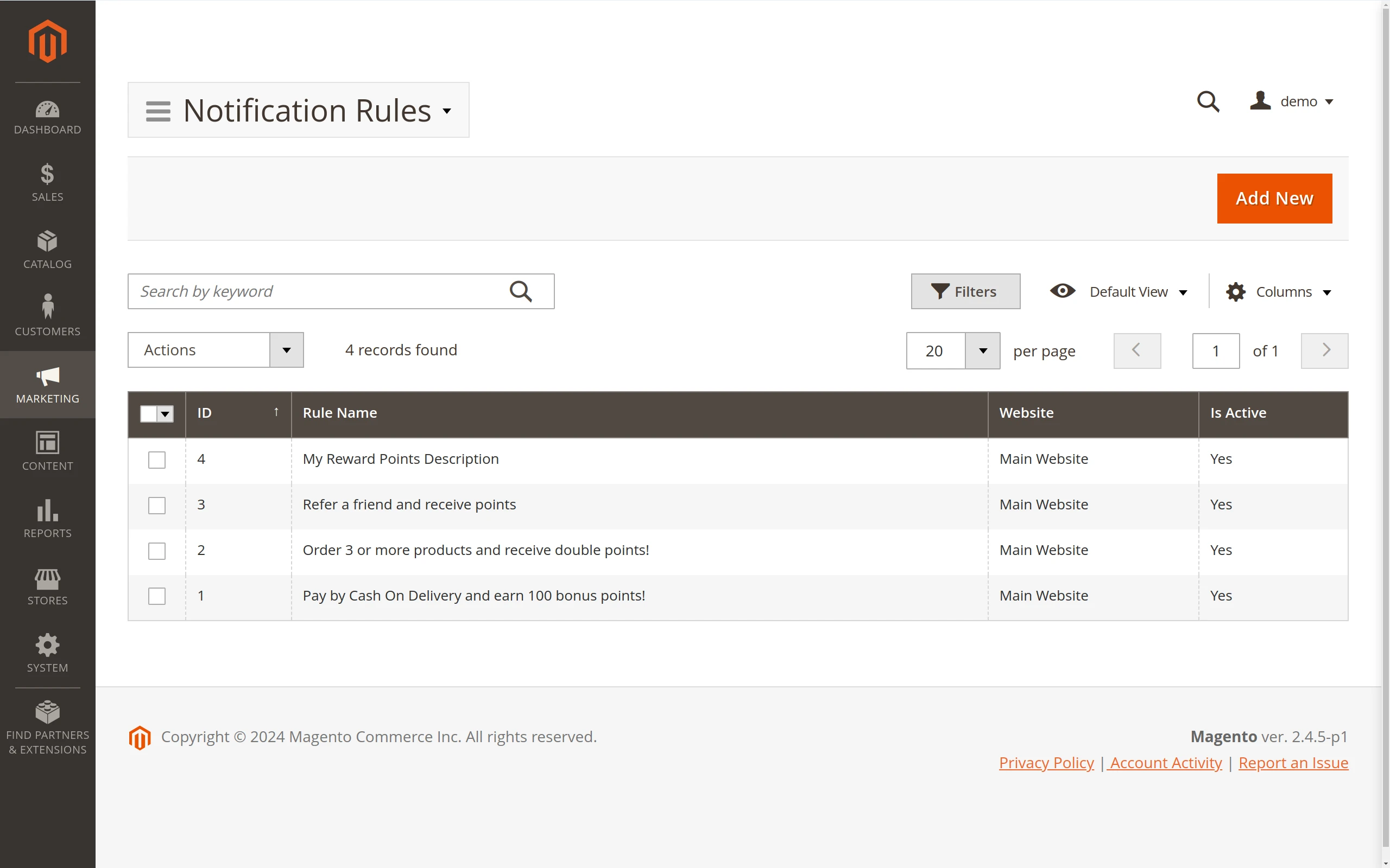 A list of notification rules in Mirasvit Magento Customer Reward Points module