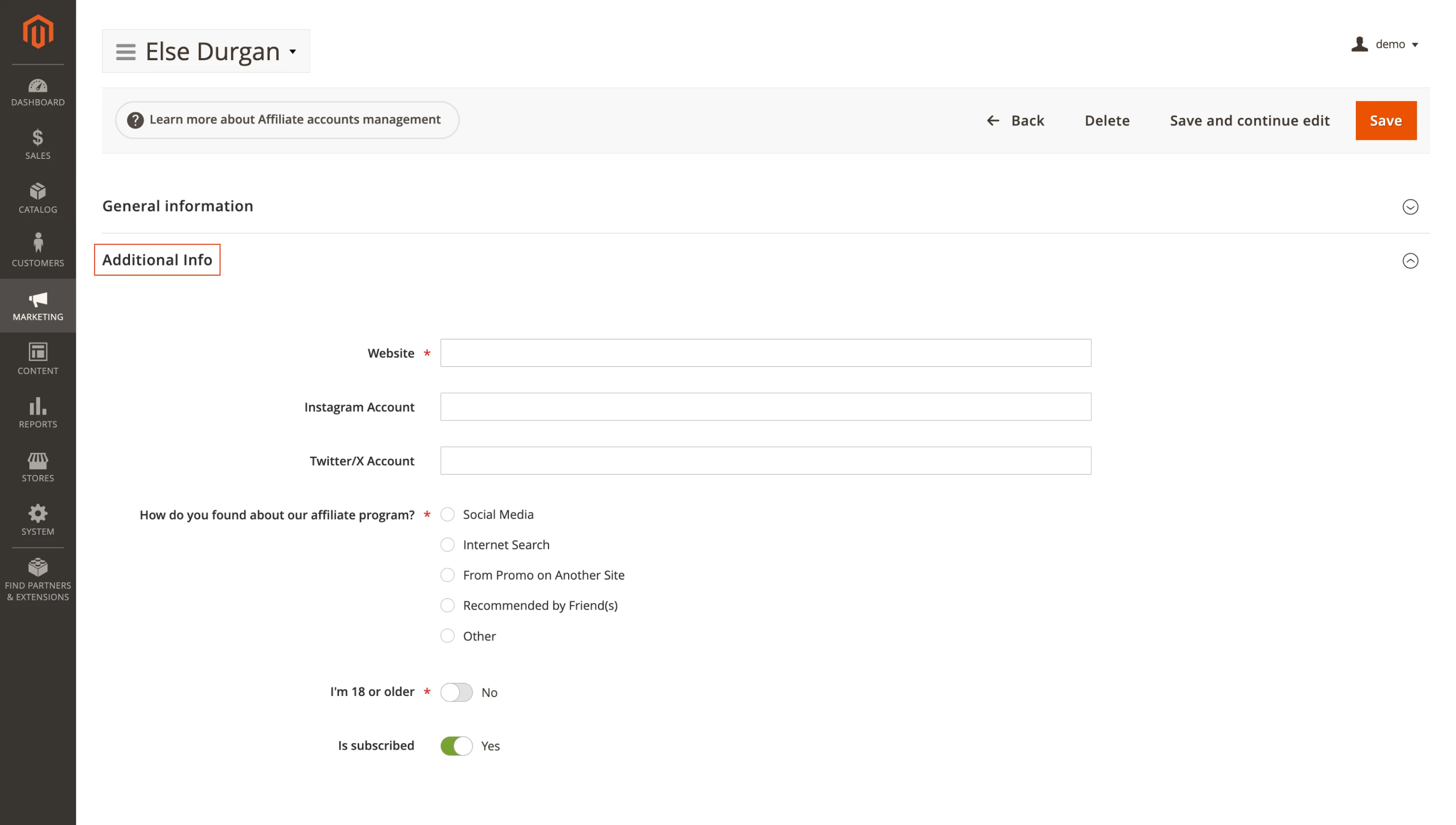 Additional Info block for extra account fields