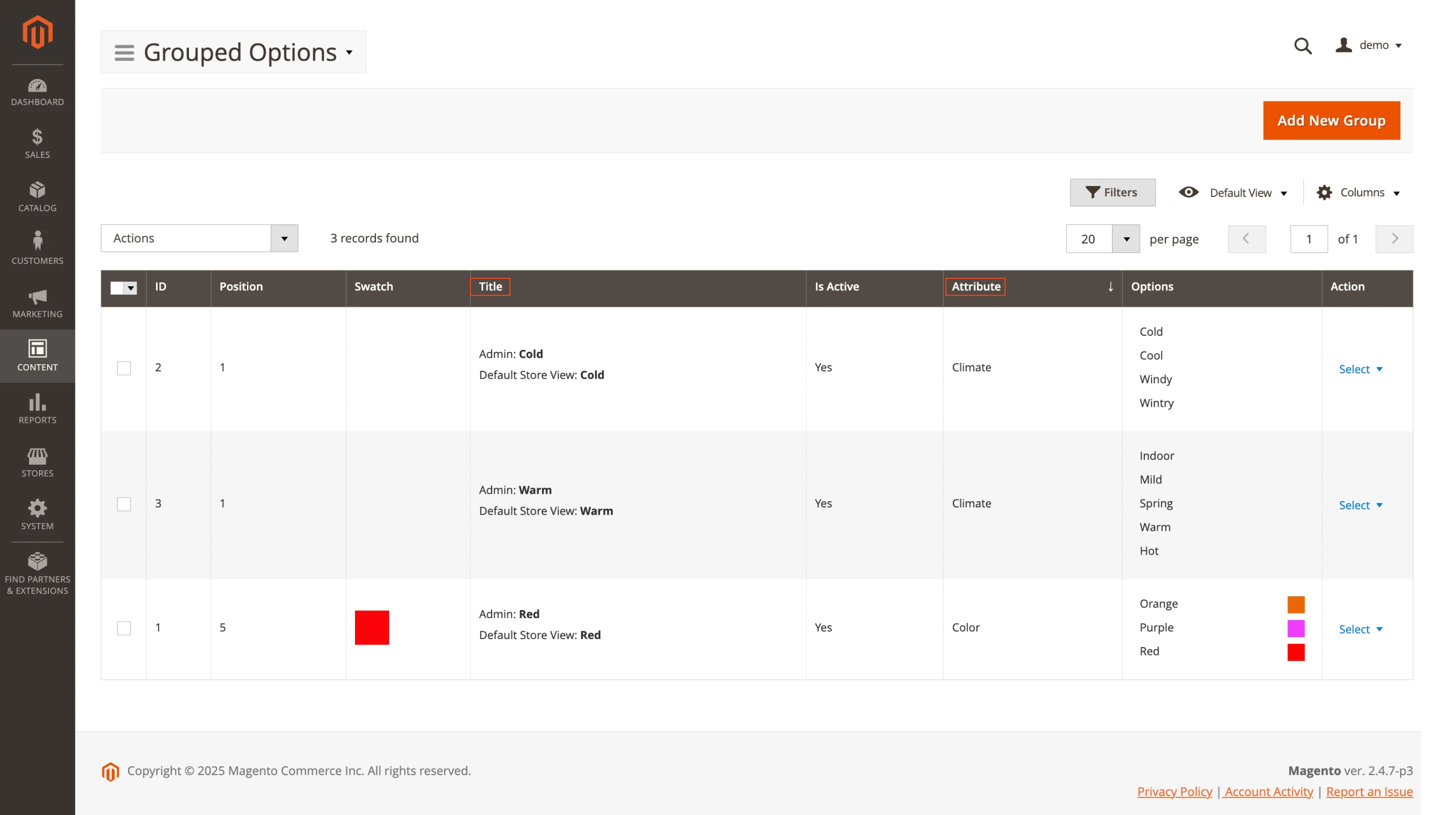 Attribute and title filters in Grouped Options grid