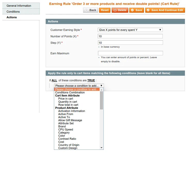 Backend - Edit Earning Rule - Actions (Cart Rule)