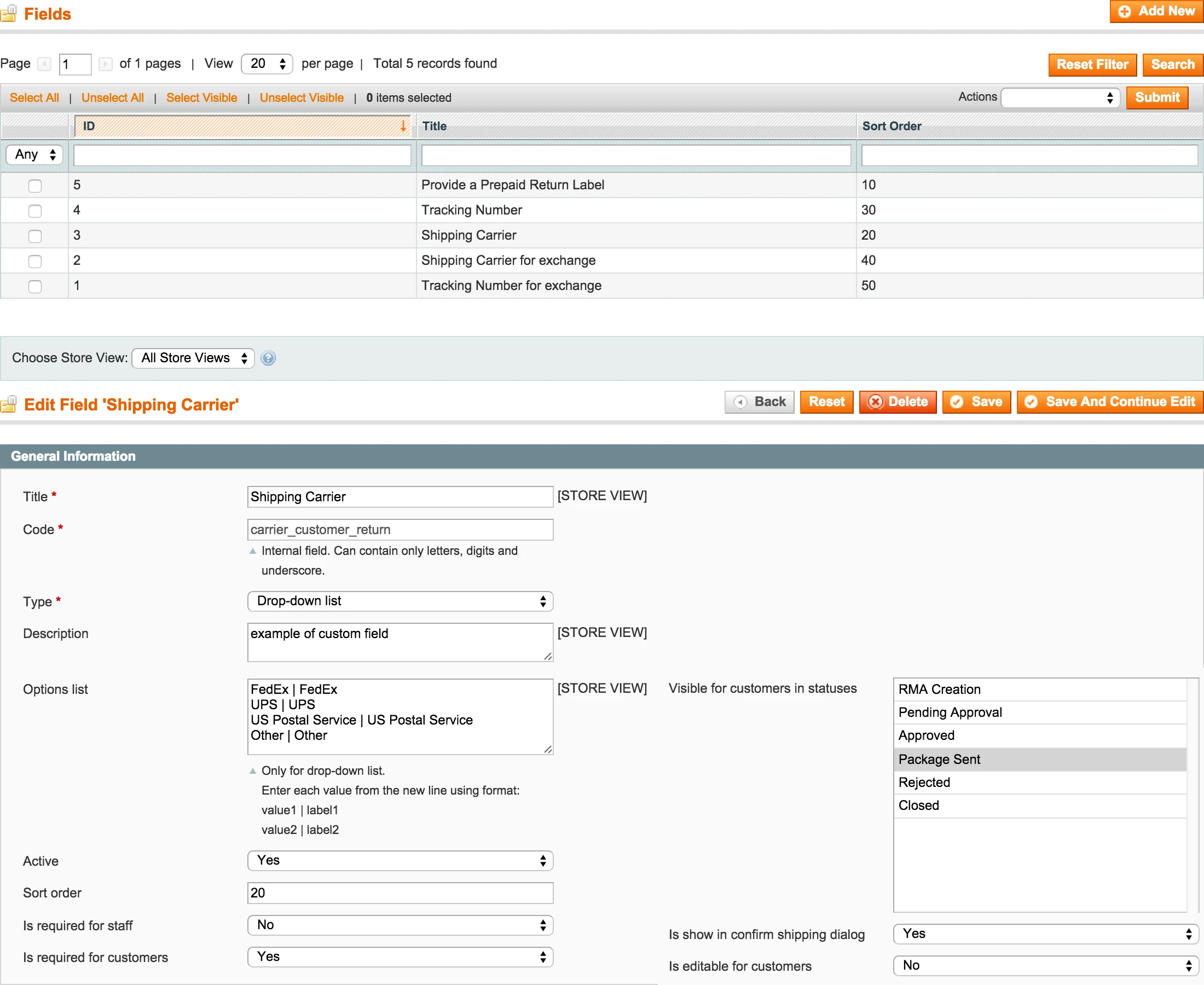 RMA Backend - Dictionary - Custom Fields