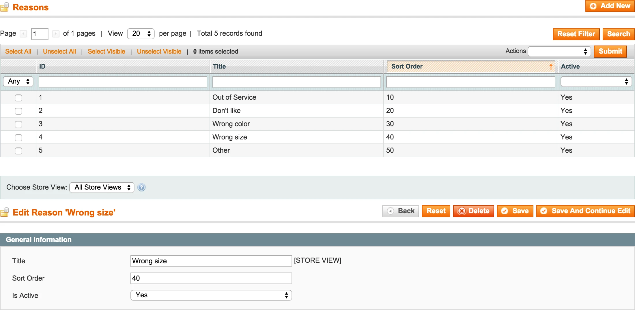 RMA Backend - Dictionary - Reasons
