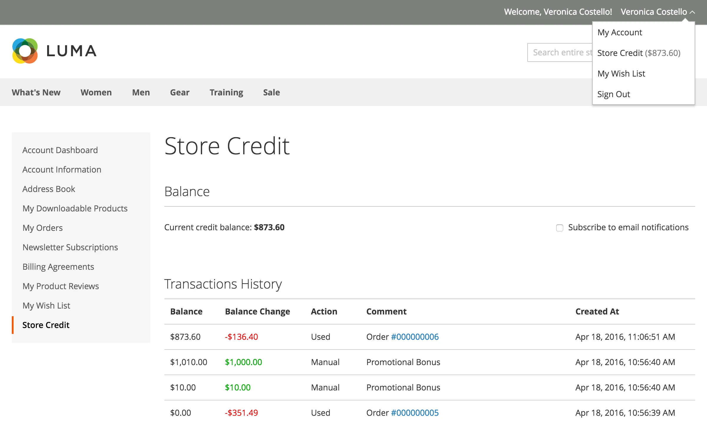Customer Store Credit Account History