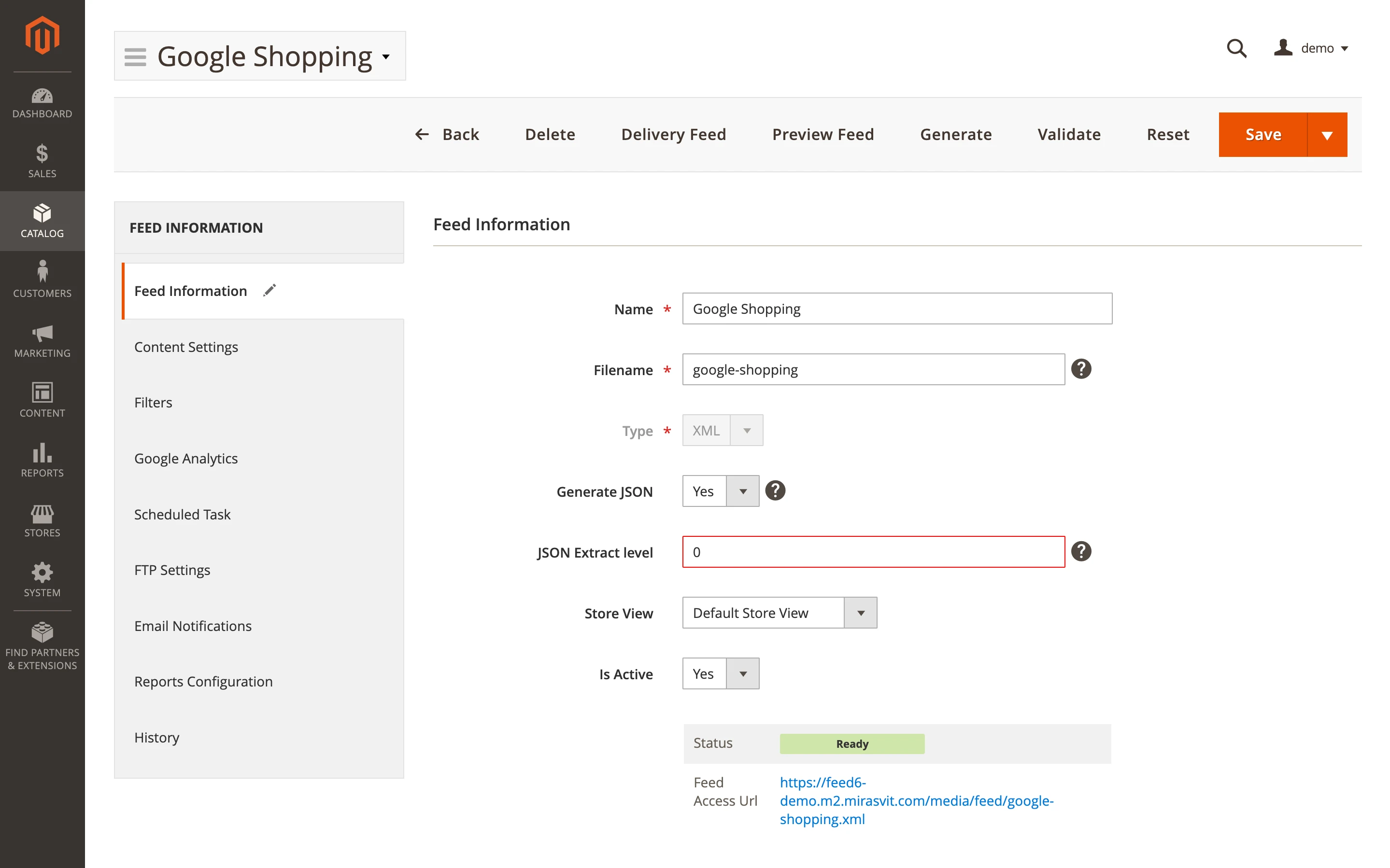 Define the Feed Data Extract Level for JSON
