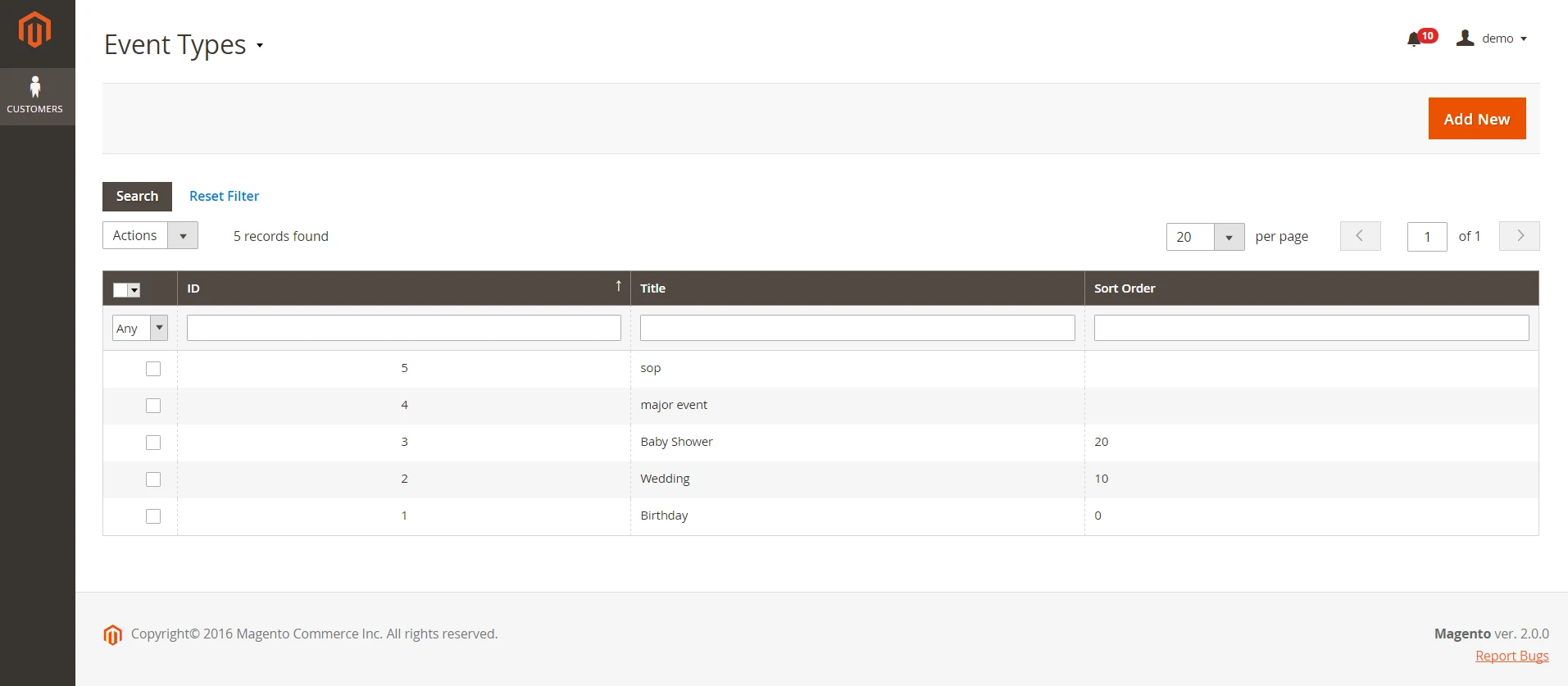 Event Types in Gift Registry