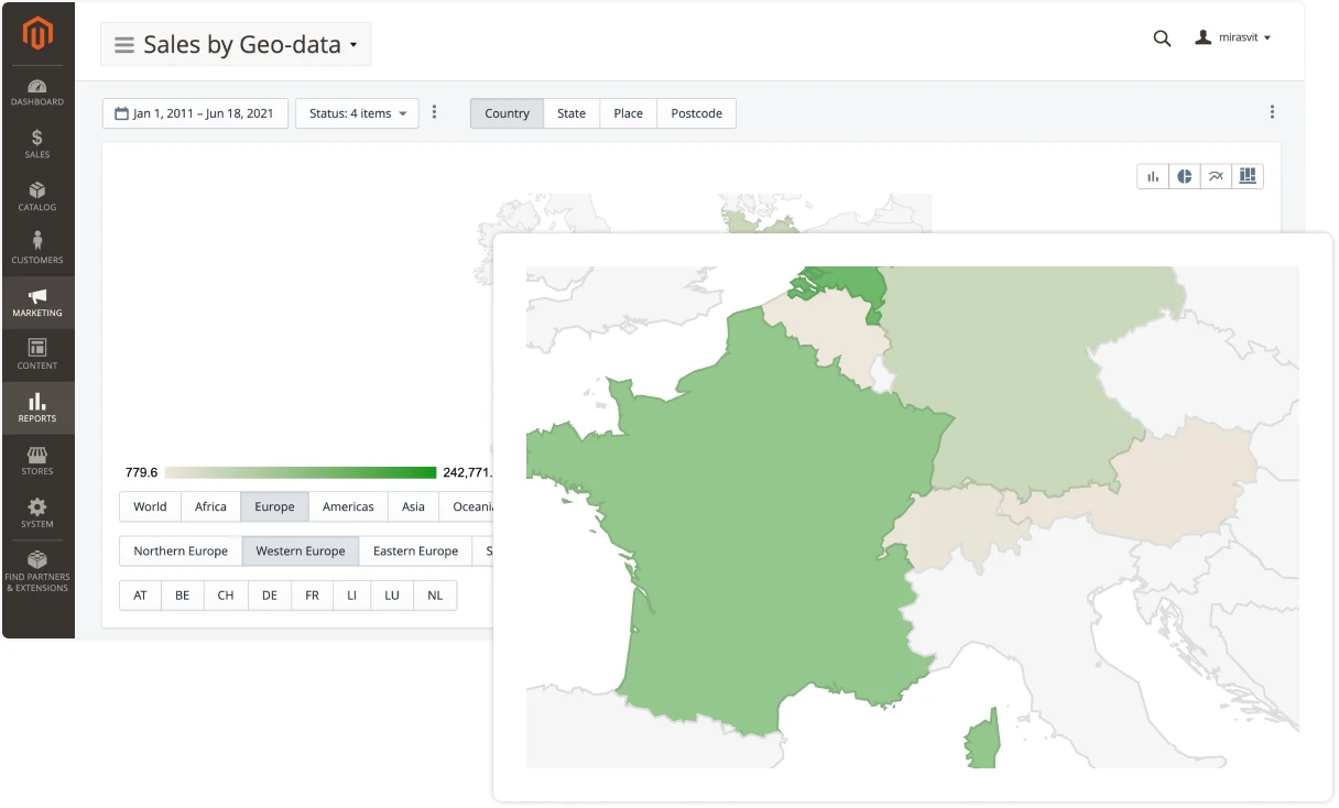 Report showing sales by geodata in Mirasvit Advanced Reports Magento 2 extension