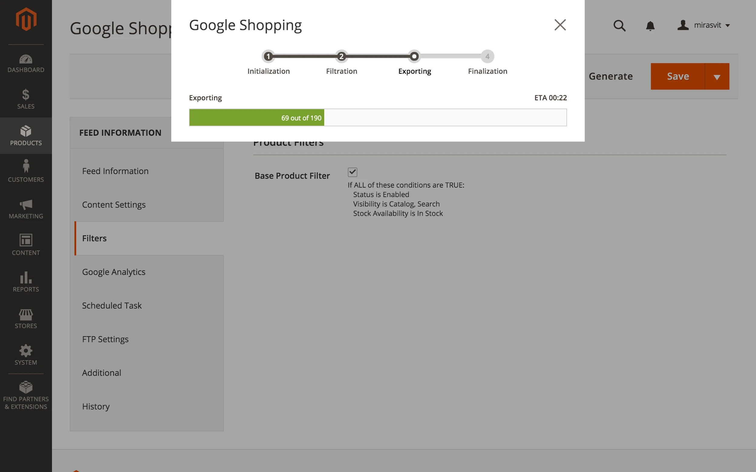 Google Shopping product feed generating progress bar