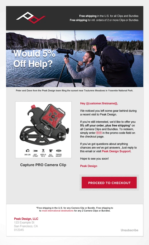 Image 2.2. The second chain message from Peak Design to their Cart Abandoners (Source: kissmetrics.com)
