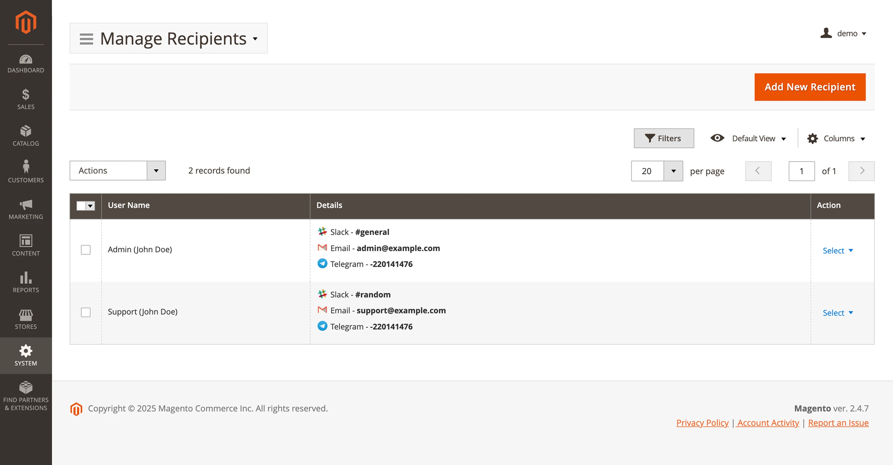 Managing recipients for admin push notifications in Magento 2