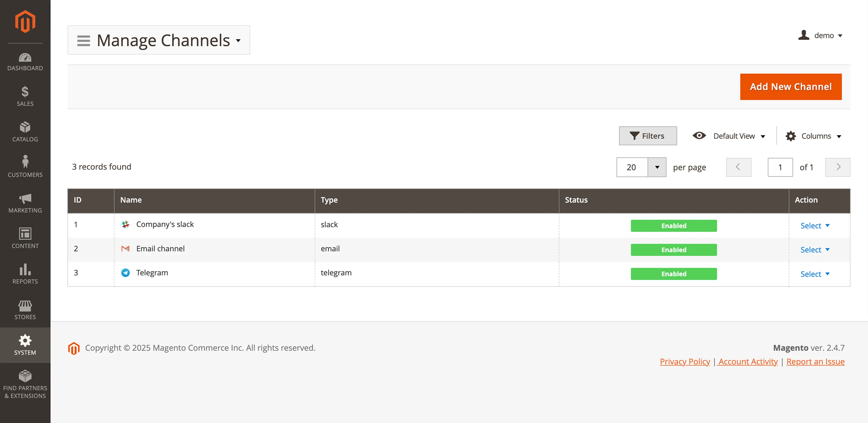 Interface showing channels list for Magento 2 push notification delivery