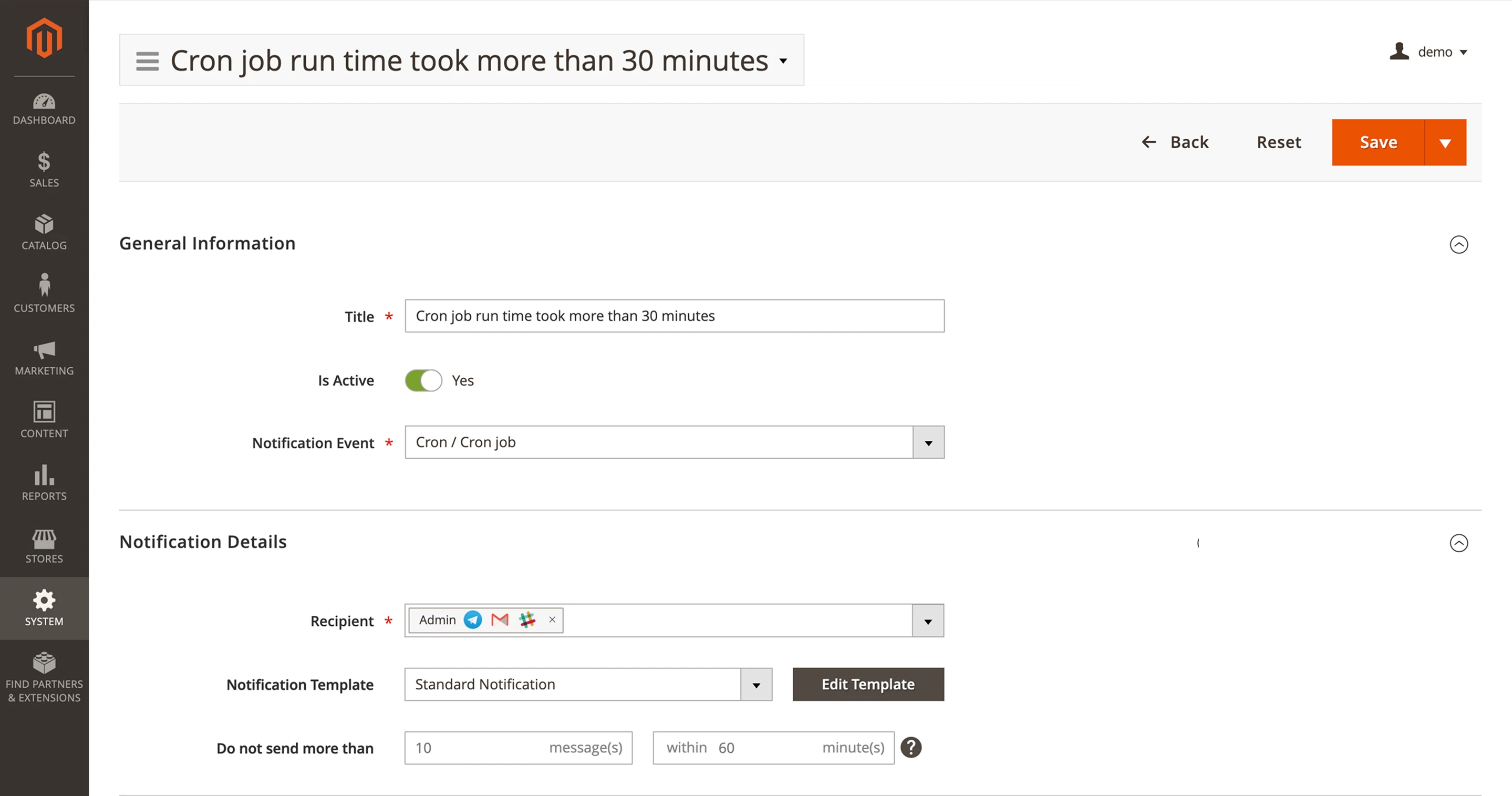 Example of a push notification rule setup in Magento 2 backend