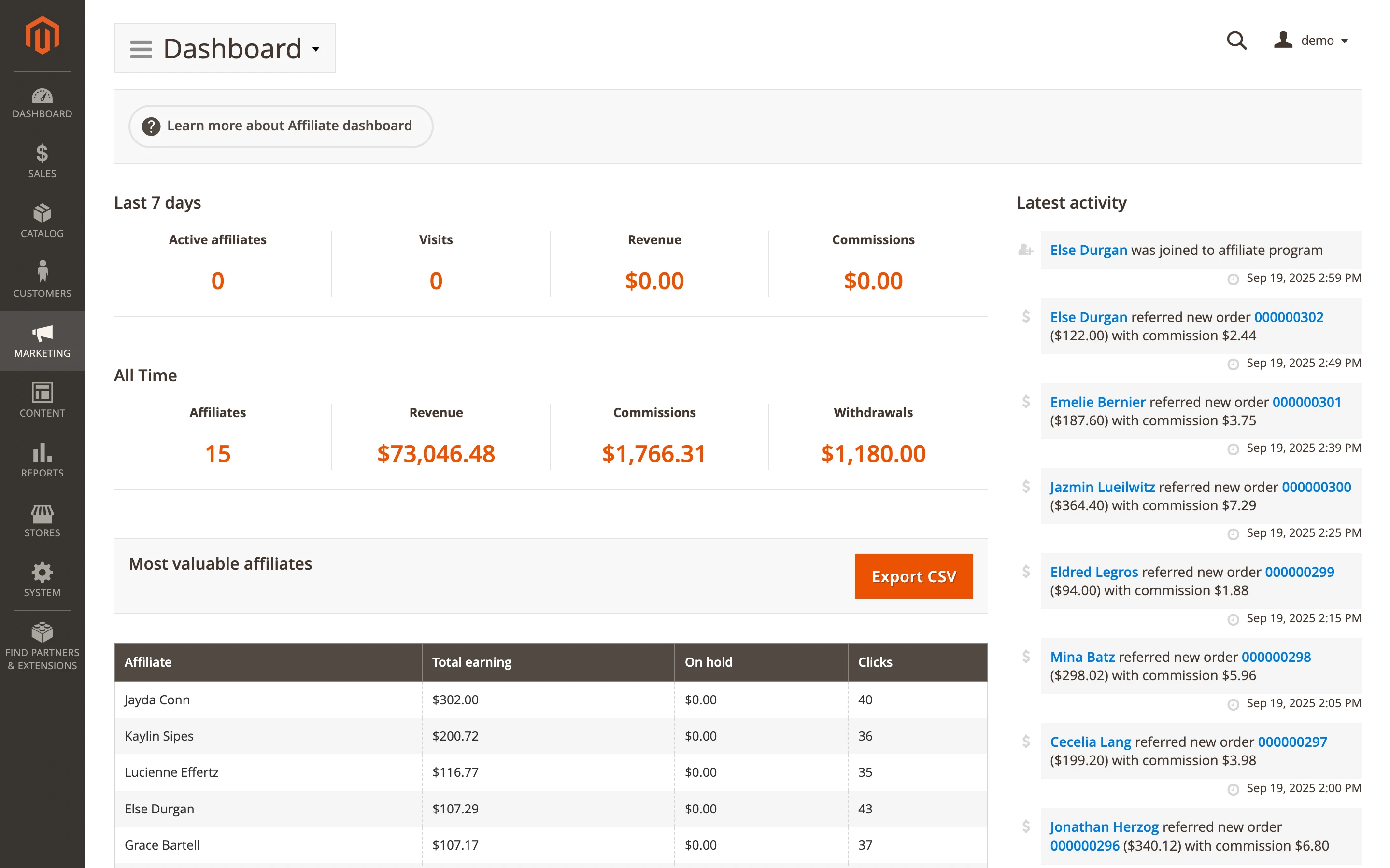 Export to CSV affiliate feature