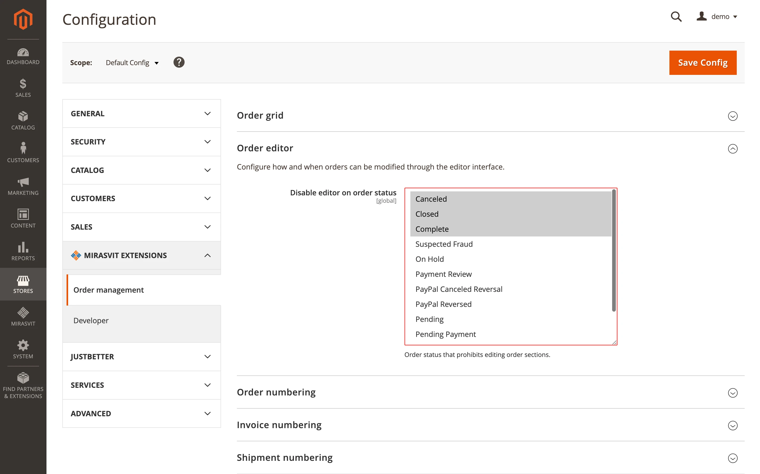 Order editing restrictions for specific statuses