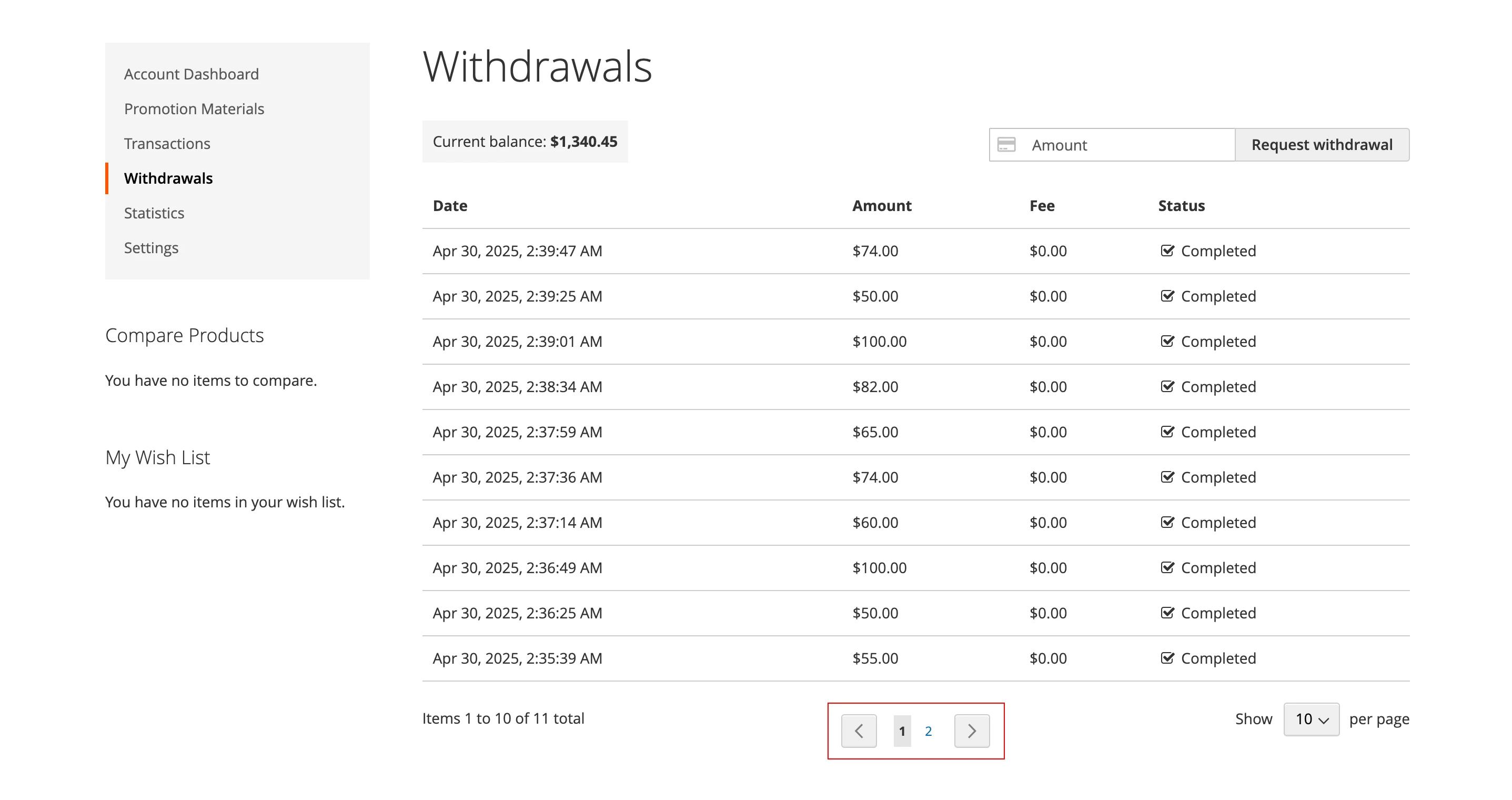 Pagination for affiliate withdrawal history