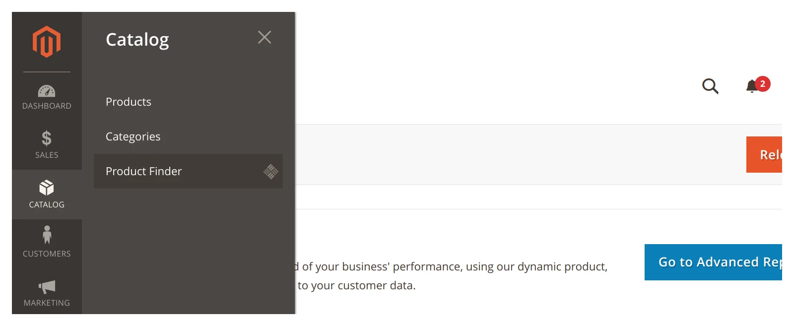 Magento 2 Product Finder extension page in the backend