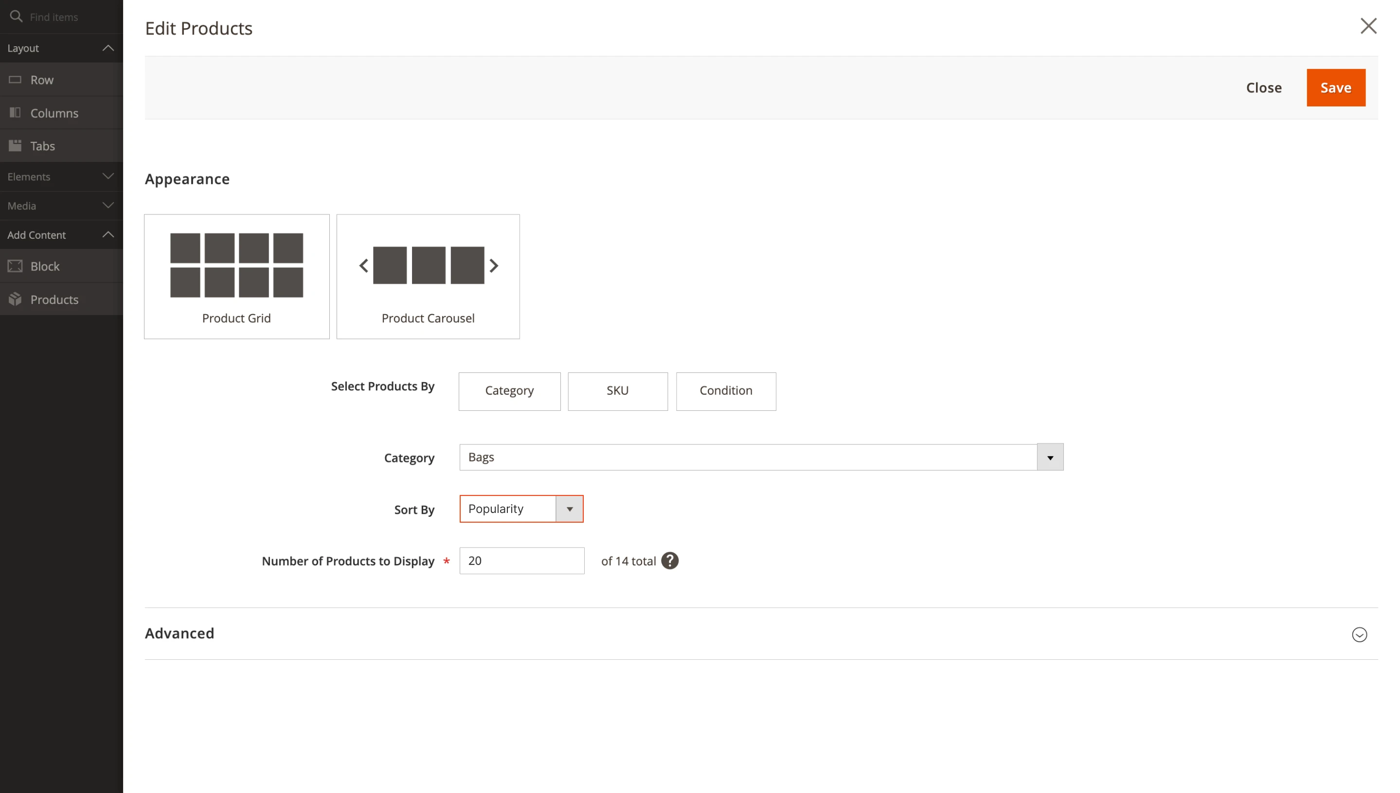 Product sorting in PageBuilder blocks