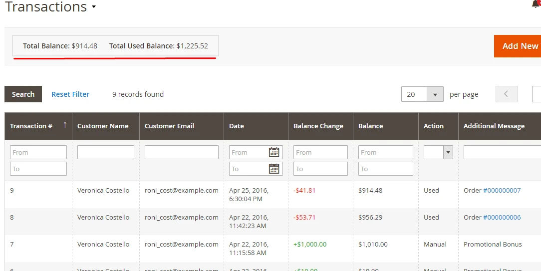 Total balance and total used balance