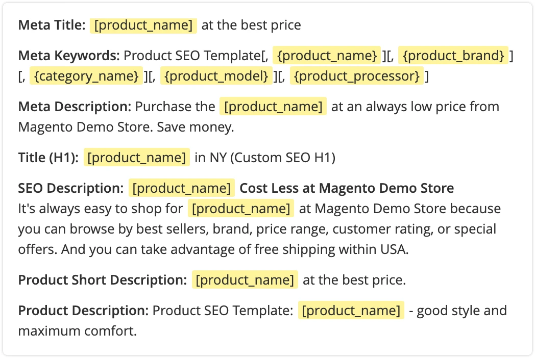 An example of an SEO template created with the Mirasvit Advanced SEO Suite Magento 2 module - the best SEO suite for Magento 2.