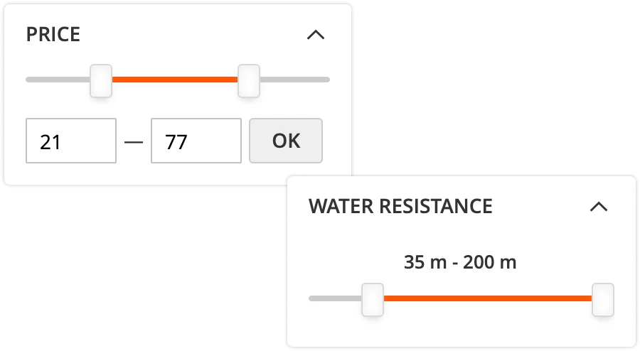 A slider filter in Mirasvit Layered Navigation search module for Magento 2.