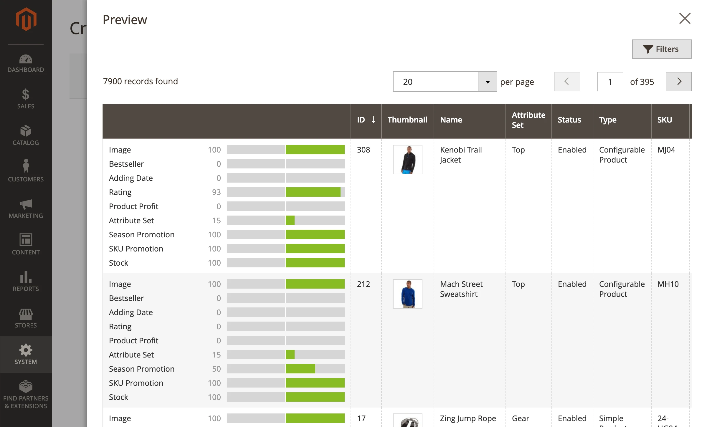 Previewing the way a sorting criterion arranges products in Mirasvit Magento 2 Improved Sorting module.